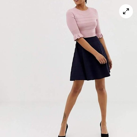 Ted Baker Dyana Frill Knitted Fit & Flare Dress Pink & Navy 2 - Picture 7 of 7